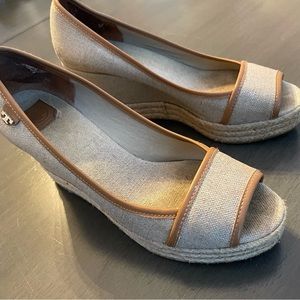 Tory Burch natural metallic/brown open toe espadrille wedge